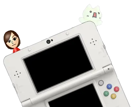 an image of a 3DS with a cat in panick and a mii staring at your soul