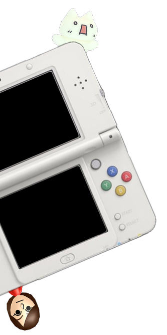 an image of a 3DS with a cat in panick and a mii staring at your soul