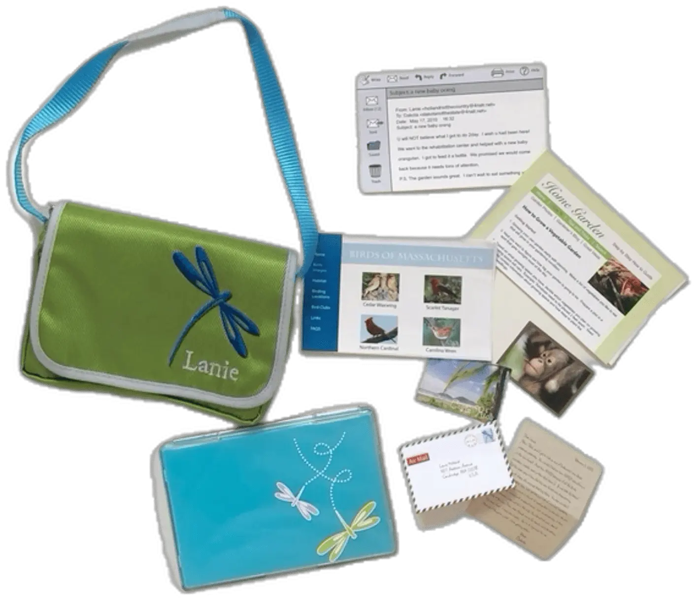 an image of messy stuff including browser screenshots, a green crossbody bag, letters and notebooks